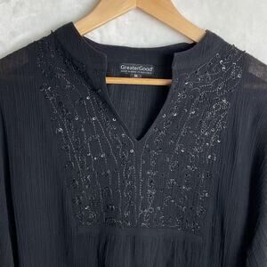 1XL Greater Good Womens Black Beaded Cotton Tunic Boho Chic